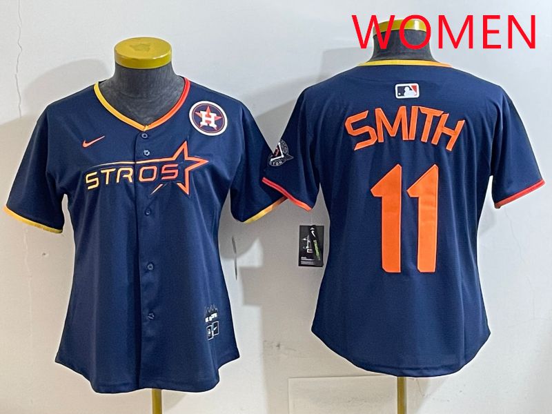 Women Houston Astros 11 Smith Blue three generations Joint Name Nike 2025 MLB Jersey style 2